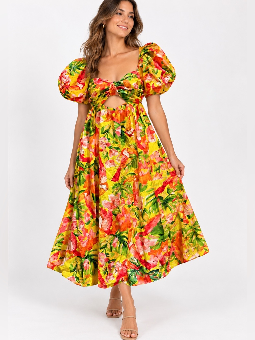 FARM Rio Tropical Floral Puff Sleeve Cutout Midi Dress – Size S
